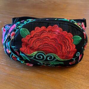 Embroidered Floral Black Mexican Folk Sling Bag